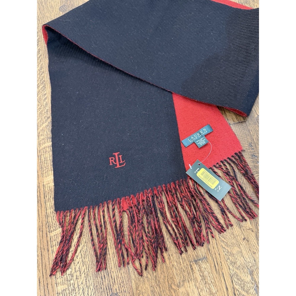 Lauren Ralph Lauren reversible wool scarf red black fringe New